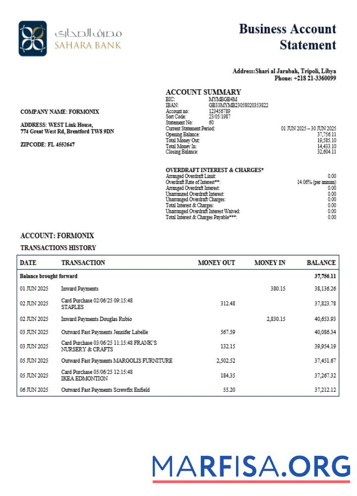 Printable Sahara organization checking account statement Word and PDF template (1)